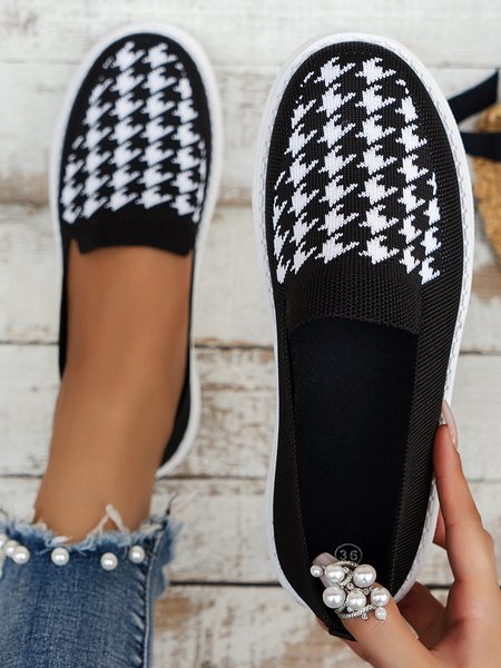 

Houndstooth Breathable Slip On Flyknit Sneakers, Black, Sneakers