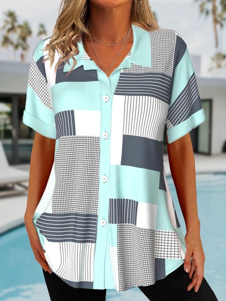 

Casual Buckle Loose Geometric Shirt, Light blue, Shirts & Blouses