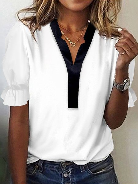

V Neck Color Block Casual Shirt, White, Shirts & Blouses