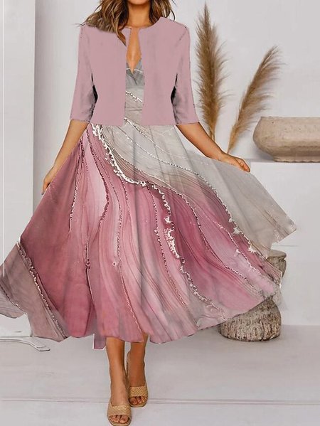 

Elegant Gradient Pattern Loose Crew Neck Two-Piece Set, Pink, Suit Set