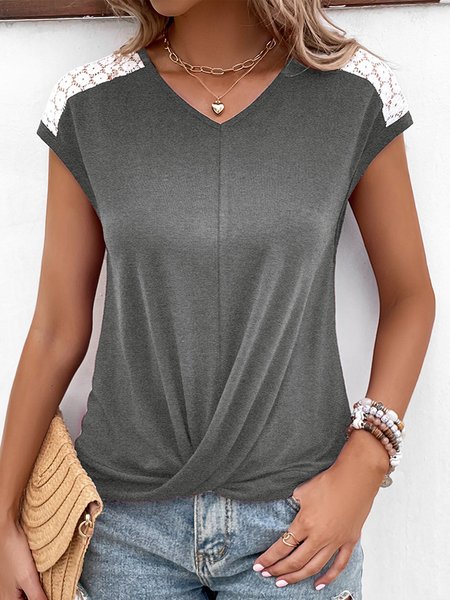 

Crew Neck Loose Lace Casual T-Shirt, Gray, T-Shirts