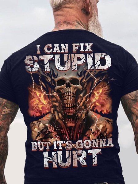 

Men's Funny I Can Fix Stupid But It Is Gonna Hurt Skull Graphic Printing Cotton Loose Casual T-Shirt, Purplish blue, T-shirts