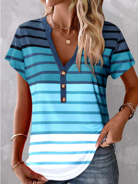 

Casual Geometric V Neck T-Shirt, Blue, T-Shirts