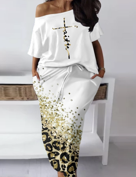 

Casual Loose Leopard Two-Piece Set, White, Suit Set
