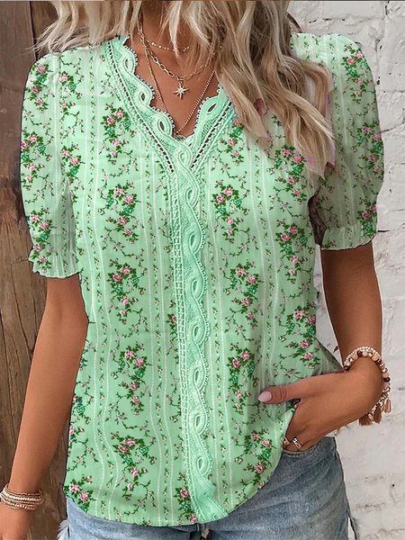 

Lace Loose Casual Floral Shirt, Green, Shirts & Blouses