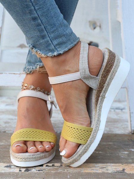 

Color Block Ankle Strap Wedge Heel Espadrille Sandals, Yellow, Sandals