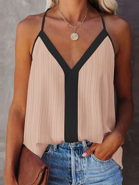 

Loose Color Block V neck Urban Tank Top, Khaki, Tanks and Camis
