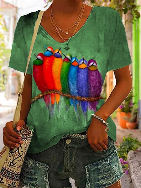

V Neck Color Block Loose Casual T-Shirt, Green, T-Shirts