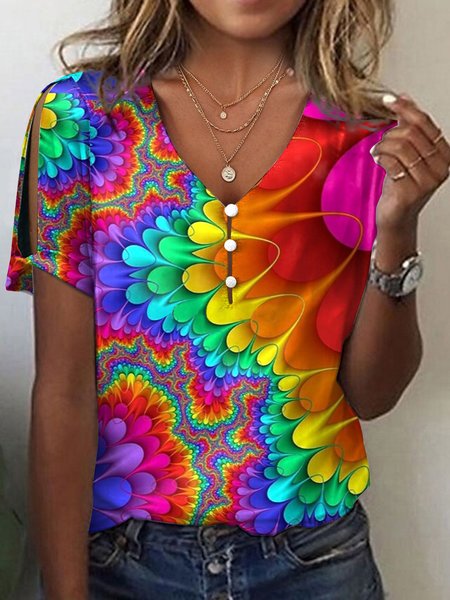 

Ombre V Neck Casual Loose T-Shirt, Red, T-Shirts