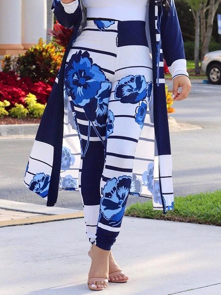 Regular Fit Floral Casual Pants, Blue, Pants
