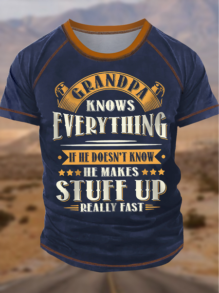 

Men's Funny Grandpa Knows Everything If He Doesn'T Know He Makes Stuff Up Really Fast Graphic Printing Casual Text Letters T-Shirt, Blue, T-shirts