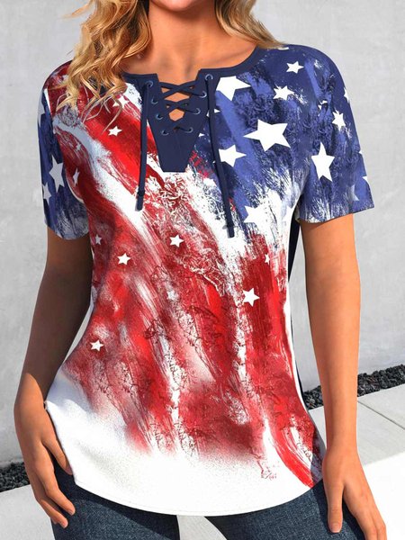 

Loose V Neck America Flag Casual Shirt, Red, Shirts & Blouses