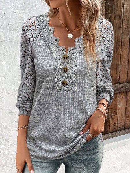 

V Neck Casual Plain Lace Bukle T-Shirt, Gray, T-Shirts