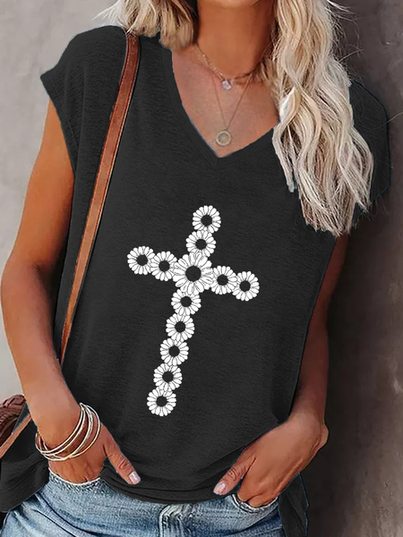 

Women's Sunflower Cross Simple V Neck Tank Top, Black, Tank Tops
