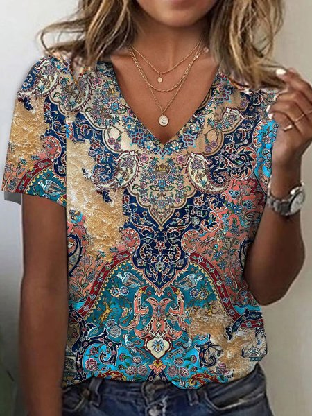 

V Neck Loose Ethnic Casual T-Shirt, Blue, T-Shirts