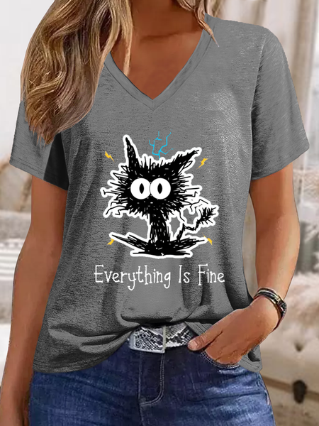 

Women's Funny Cat Everything Is Fine Casual Cat V Neck Cotton-Blend T-Shirt, Deep gray, T-shirts
