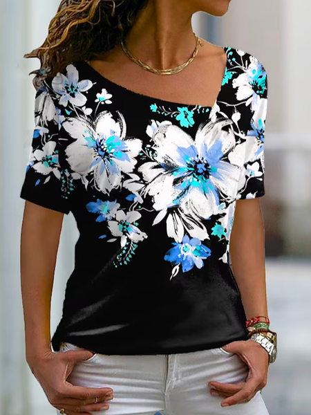 

Floral Asymmetrical Casual Floral Print Short Sleeve Holiday Weekend Basic V Neck Regular T-Shirt, Blue, T-Shirts
