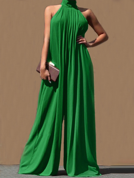 

Plus Size Loose Plain Halter Elegant Jumpsuit, Green, Plus Jumpsuits
