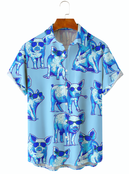 

Funky Pig Chest Pocket Short Sleeve Casual Shirt, Blue, Men Shirts