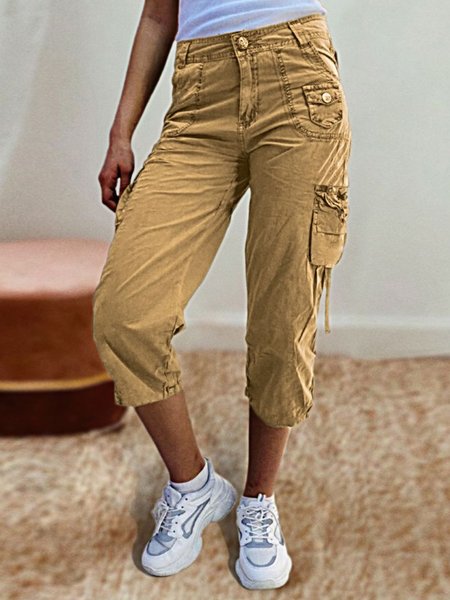 

Linen Plain Loose Casual Flap Pocket Cargo Capris Pants, Khaki, Pants