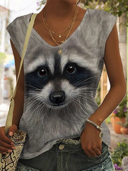 

Casual V Neck Dog Print T-Shirt, Gray, T-Shirts