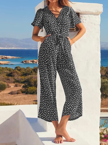 

Loose V Neck Floral Vacation Jumpsuit, Gray, Jumpsuits＆Rompers