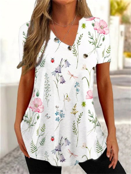 

Casual Loose Floral V Neck Shirt, White, Shirts & Blouses