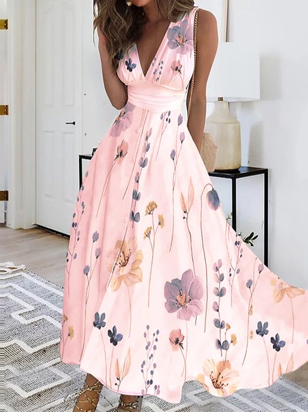 

Casual Regular Fit Floral V Neck Dress, Pink, Maxi Dresses