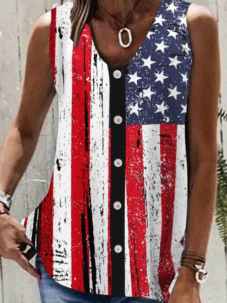 

V Neck Independence Day Casual Tank Top, Red, Tanks & Camis