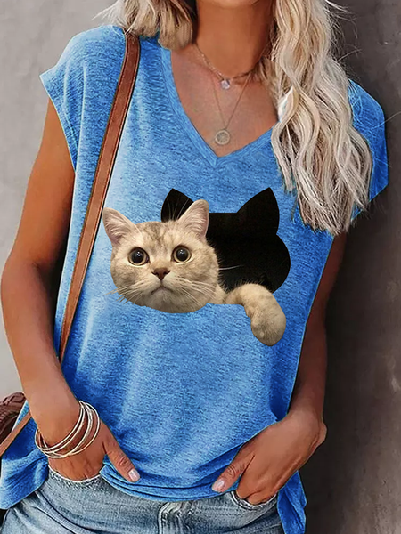 

Women‘s Funny Cat V Neck Simple Tank Top, Blue, Tank Tops