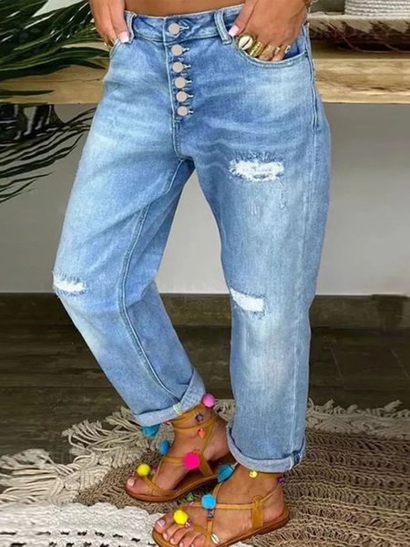 

Casual Denim Loose Plain Ripped Button Up Low Waist Jeans, Blue, Jeans