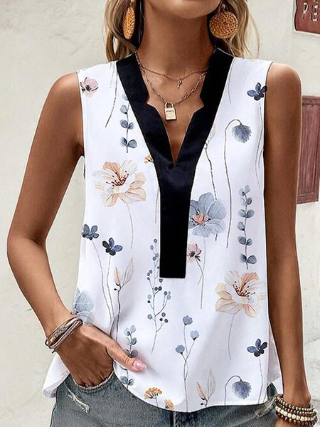 

Floral Casual V Neck Tank Top, White, Tanks & Camis