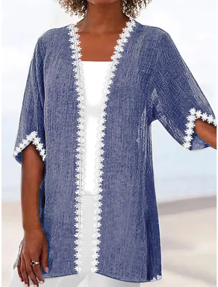 

Cross Neck Plain Casual Cotton Two-Piece Set, Navy blue, Suit Set