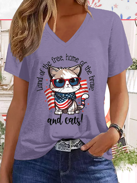 

Women's Funny Word Cute American Cat 4th July Cat Lover Casual Cat T-Shirt, Purple, T-shirts