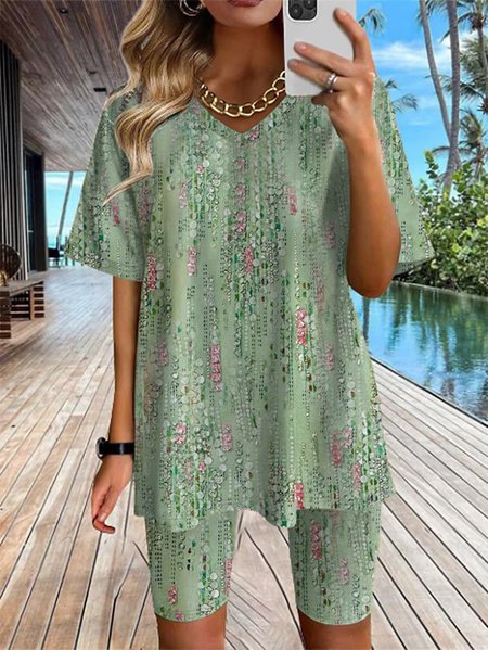 

V Neck Polka Dots Casual Two-Piece Set, Green, Suit Set