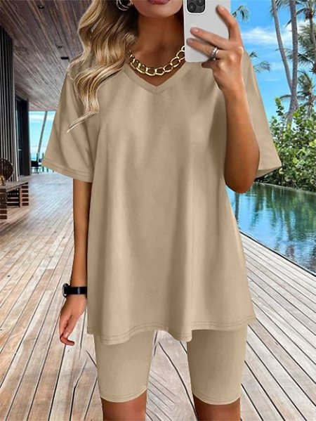 

Plain Casual Loose V Neck Two-Piece Set, Khaki, Suit Set