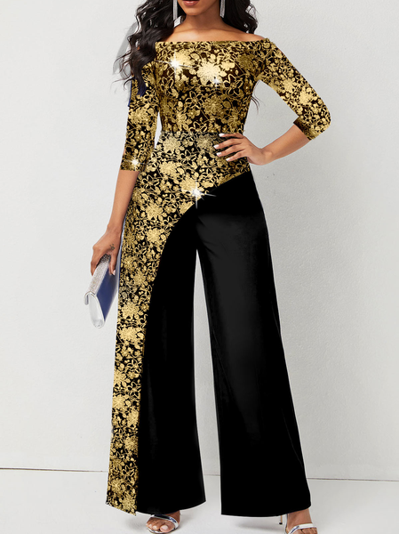 

Crew Neck Floral Elegant Jumpsuit, Black-gold, Others