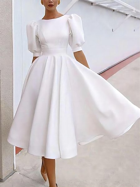 

Plain Elegant Crew Neck Regular Fit Dress, White, Midi Dresses