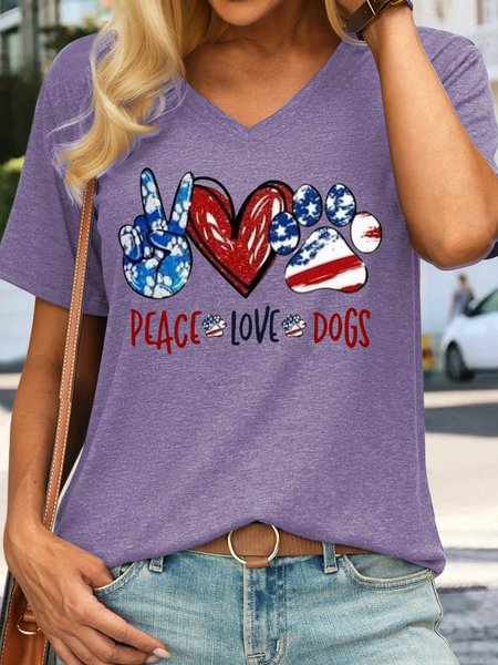 

Women's Peace Love Dog USA Flag Casual T-Shirt, Purple, T-shirts