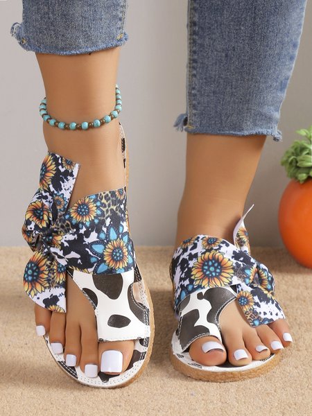 

Women Bowknot Sunflower Cow Pattern Toe Ring Slide Sandals, As picture, Sandals & Slippers