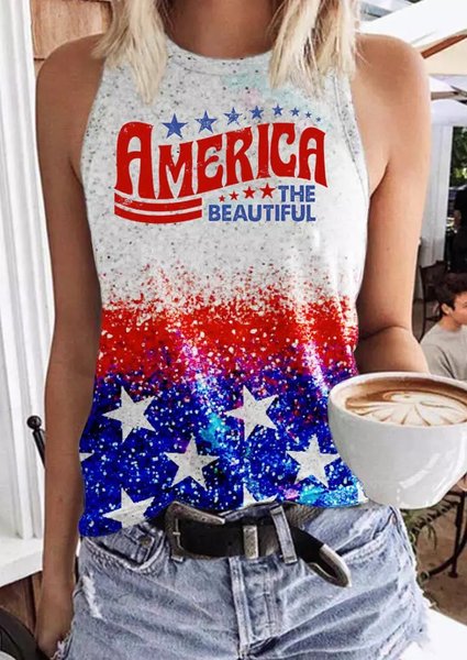 

Women's America The Beautiful Star Crew Neck Casual Tank Top, Red, Tank Tops