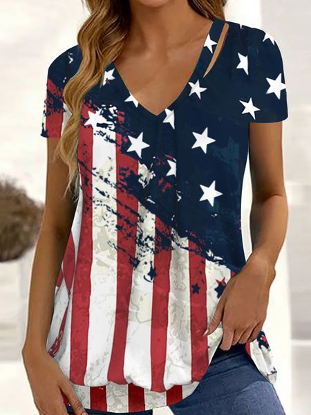 

V Neck Independence Day Casual Loose Shirt, Red, Shirts & Blouses