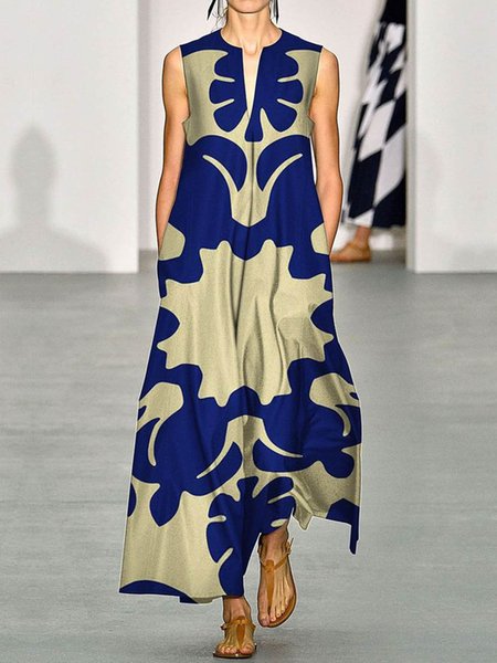 

Plus Size Loose Vacation V Neck Floral Sleeveless Dress, Blue, Plus Dresses