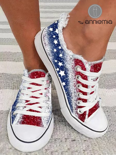 

Independence Day Flag Print Raw Hem Lace-Up Canvas Shoes, As picture, Sneakers