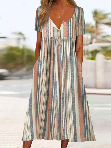 

Casual Striped Notched Buttoned Short Sleeve Dress, Multicolor, Midi Dresses