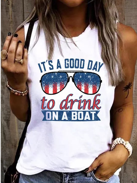 

Women's It's A Good Day To Drink On A Boat American Flag Casual Regular Fit Crew Neck Tank Top, White, Tank Tops