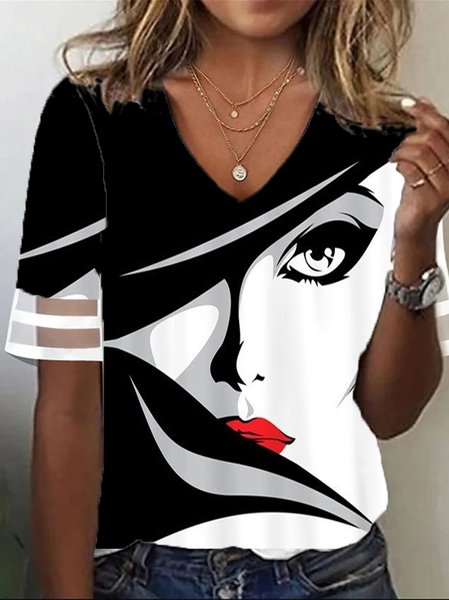 Loose V Neck Abstract Casual T Shirt