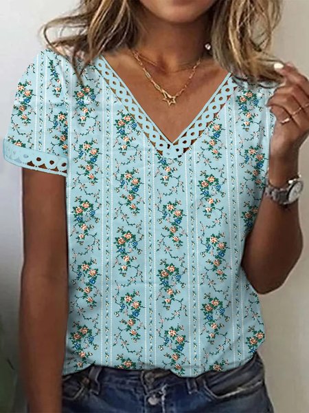 

Loose Casual Floral V Neck T-Shirt, Blue, T-Shirts