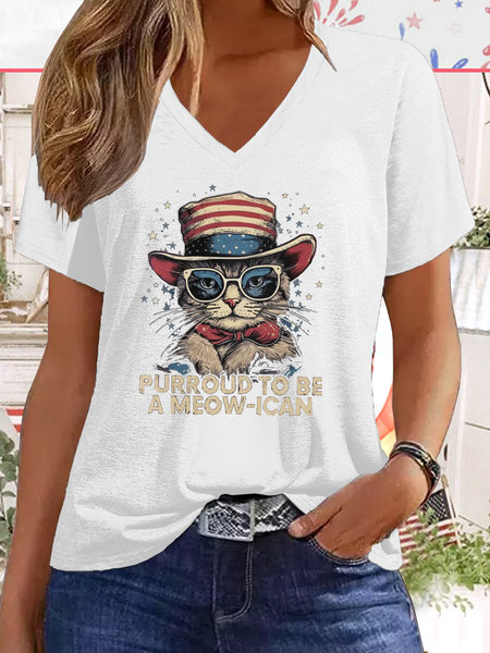 

Women's Funny Word Purroud To Be A Meow-ican American Cat 4th July Cat Lover V Neck Casual T-Shirt, White, T-shirts