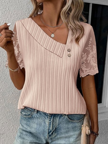 

Casual Plain Loose Asymmetrical Neck Lace Shirt, Pink, Shirts & Blouses